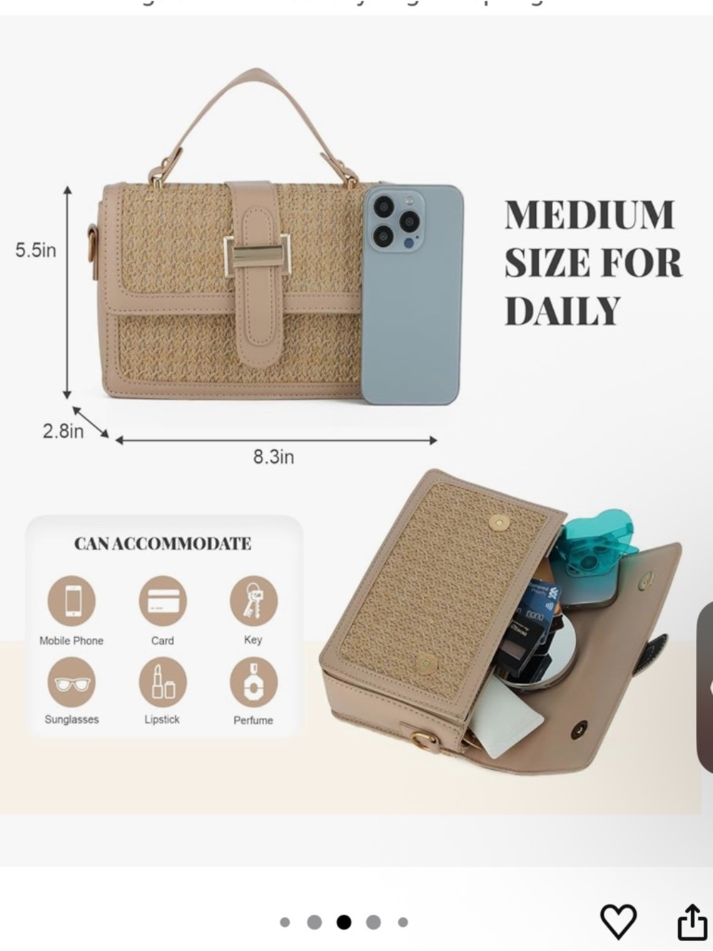 Woven Khaki Top-Handle Crossbody Bag with Detachable Strap - Picture 3 of 6